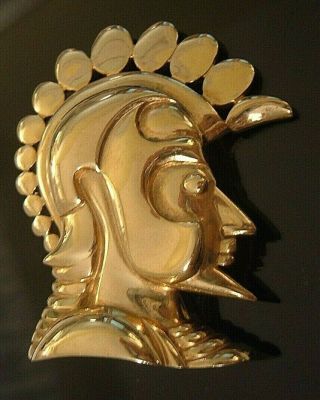 Vintage Brooch Gold Head Roman Or Greek Man Soldier Chunky Helmet Art Deco Lines