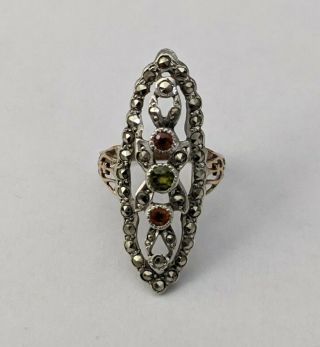 Antique Sterling Silver Ring Marcasite Peridot & Garnet Gold Vermeil Size I½
