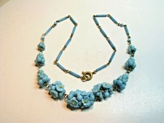 Antique Art Deco 1920 - 1930s Czech Glass Blue Flower Necklace