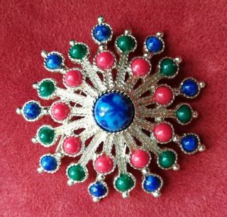 Vintage Sarah Coventry Gold Tone Brooch With Blue,  Red And Green Cabochons