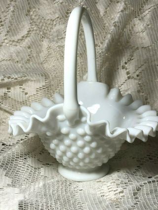 Vtg Fenton Art Glass Hobnail Basket White Milk Glass Candy Dish Ruffled Edge 7”