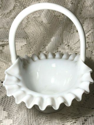 Vtg Fenton Art Glass Hobnail Basket White Milk Glass Candy Dish Ruffled Edge 7” 3
