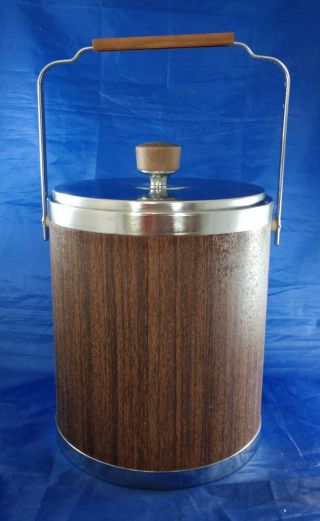 Vintage Kromex Ice Bucket Mid Century Modern Wood Grain & Chrome Retro Design