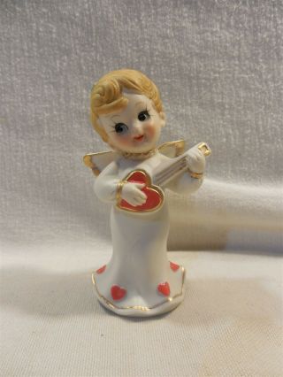 Vintage Lefton Japan Ceramic Valentines Day Angel With Heart Banjo Figurine