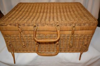 Vintage Woven Wicker Rattan Picnic Basket,  Suitcase Style Storage Kitchen Decor