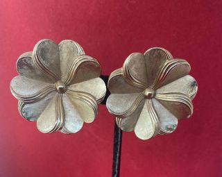 Vintage Gold Tone Large Heart Shape Flower Signed Trifari Clip Earrings