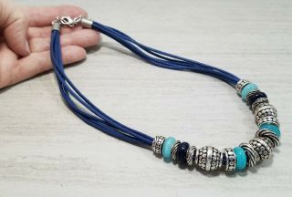 Vintage Silver Tone And Aqua Glass Bead On Blue Leather Cord Choker Necklace