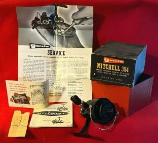 F) Vintage Garcia Mitchell 304 Fishing Reel W Box And Papers Code No 1105