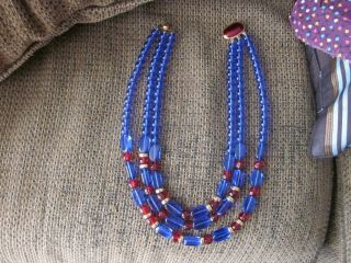 Vintage Monet Blue & Red Lucite Beaded Fashion Necklace With Gold Tone 19 "