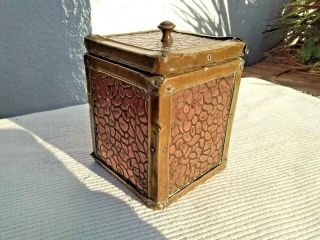 Antique Vintage Beaten Copper & Brass On Wood Tea Caddy