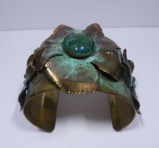 Vintage Hand Crafted Copper Bracelet With Dogwood Flowers And Gemstones.  Bracel