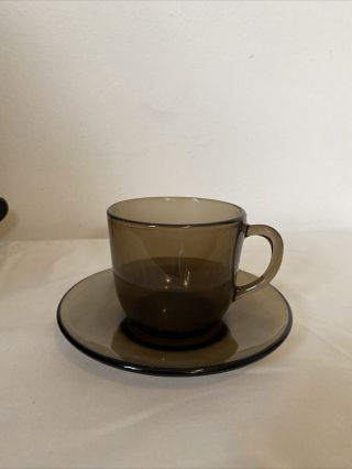 Vintage Dark Smoke Taupe Colored Vereco Glass Espresso Cup & Saucer France