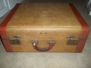 Vintage Brown Tweed Suitcase Luggage Leather Handle And Trim