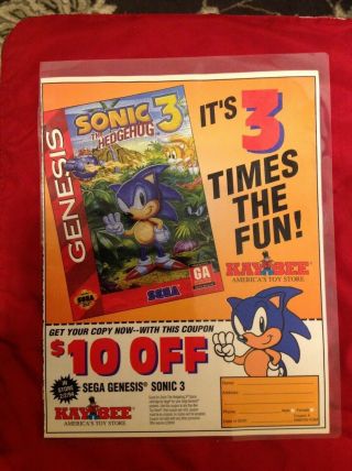 Vintage Retro 1993 Sonic The Hedgehog 3 Sega Print Ads Mini Poster Kay Bee Toys