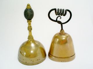 2 Antique Victorian Brass Table Bells/ebony & Art Nouveau Wrought Iron Handles
