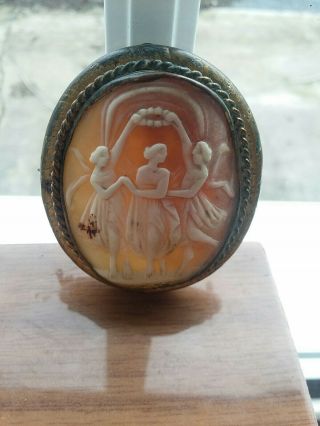 Antique Large Carved Three Graces Cameo Brooch.  Gilt Mount.  Unmarked