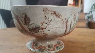 Antique Spongeware Footed Bowl Handpainted With Squirels And Flowers