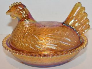 Vintage Gold Carnival Indiana Glass Hen Nest Chicken Covered Dish Beaded - Euc