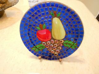 Vintage Glass Mosaic Fruit Decorative Plate W/ Stand/mexico - Vg,  9 3/4 " Across