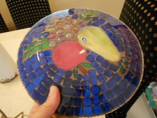 VINTAGE GLASS MOSAIC FRUIT DECORATIVE PLATE W/ STAND/MEXICO - VG,  9 3/4 