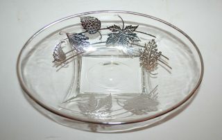 Vintage Clear Glass Candy Dish Bowl Sterling Silver Deposit Overlay Of Leaves