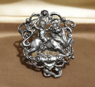 Antique Victorian Art Nouveau Brooch Featuring A Faun On The Back Of A Lion