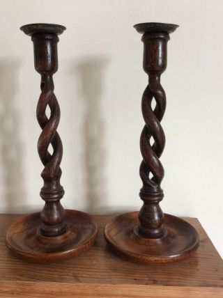 Antique Pair Wooden Candlesticks Open Barley Twist Stem With Brass Top 12 " Treen