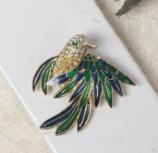 Vintage 1990s Blue Green Enamel Pave Rhinestone Head Gold Tone Bird Pin Brooch