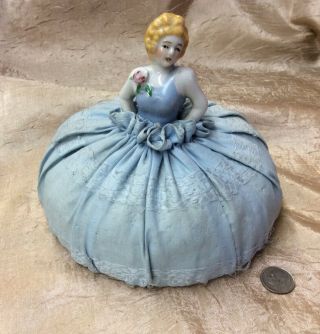 Charming Vintage Hand Made Porcelain Doll With Pin Cushion Dress