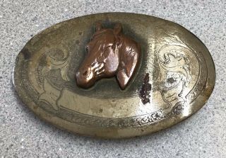 Vintage German Silver With Horse Head Cowboy Western Rodeo Belt Buckle