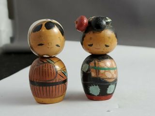 Vintage Asian Wooden Hand Painted Bobblehead Figures