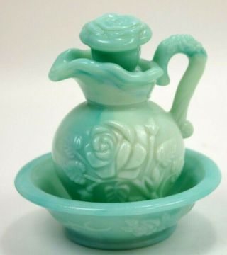 Vintage Avon Jade Milk Glass Bath Oil Decanter Pitcher With Saucer Green Floral