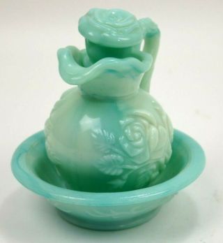 Vintage Avon Jade Milk Glass Bath Oil Decanter Pitcher With Saucer Green Floral 2