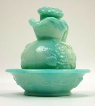Vintage Avon Jade Milk Glass Bath Oil Decanter Pitcher With Saucer Green Floral 3