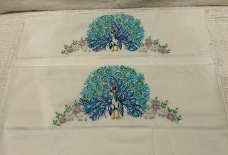 Vintage Romance Peacocks Hand Embroidered (set Of 2) Pillowcases Embroidery