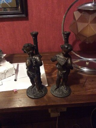 Pair Vintage Antique Old Heavy Brass Cherub Angel Puti Candlesticks