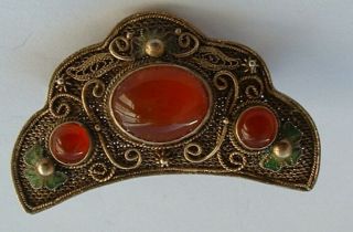Antique Chinese Silver Gilt Enamel & Carnelian Unusual Shape Brooch Pin
