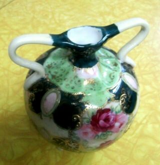 Vintage Nippon Footed 2 - Handled Urn Vase Hand - Painted Pink Roses W Gold Accents