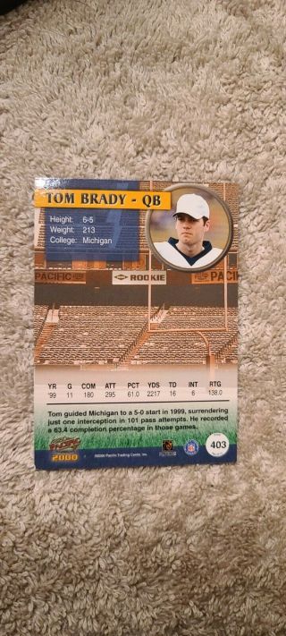 2000 Pacific Tom Brady England Patriots 403 Football Card 2
