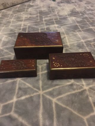 Old Unusual Indian Wood Boxes Hand Carved Brass Inlay All Fit In Eachother L@@k