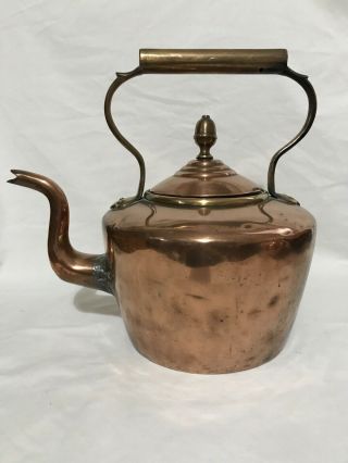 Large Antique Copper Kettle Victorian Farmhouse Style Acorn Lid And Brass Hand