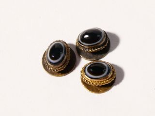 3 X Antique Vintage Small Collar Studs Banded Agate Gilt Brass