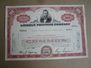 Old Vintage 1965 - Lincoln Printing Company - Stock Certificate