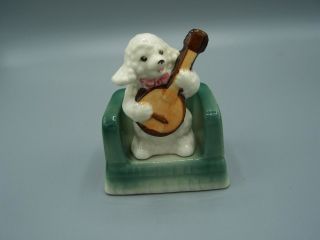 Vintage French Poodle Dog Playing Banjo In Chair Salt & Pepper Shakers Japan