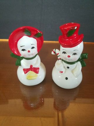 Vintage 1950s Mcm Snowman And Snow Woman Salt And Pepper Shakers Made In Japan