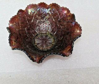 Antique Carnival Glass Imperial Hattie Rose Bowl Ruffled 8 3/4 Purple Amethyst