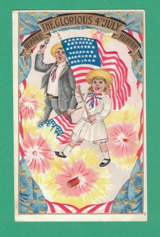 Early Vintage July 4th Patriotic Postcard Gent Girl Flags Fireworks