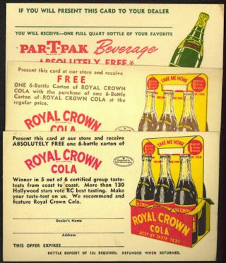 3 Vintage & Royal Crown Cola Soda Nehi Bottle Coupons 1940s Nos