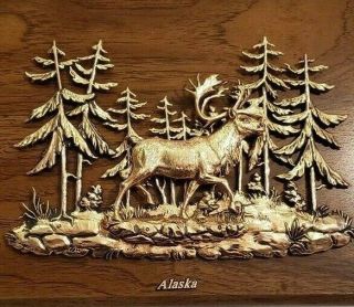 Vintage Alaskan Scene W/ Moose 3d Copper By A&f Made In Canada Wood Wall Hanging