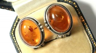 Antique Solid Silver Cabochon Amber Vintage Earrings